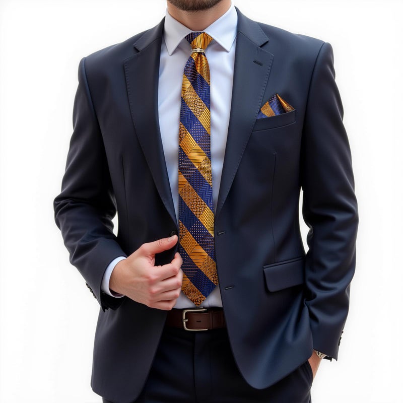 DiBanGu Mens Tie Set Silk Necktie and Gold Tie Ring Pocket Square Cufflinks Formal Business Wedding Ties with Gift Box, Blue and Gold - Image 2